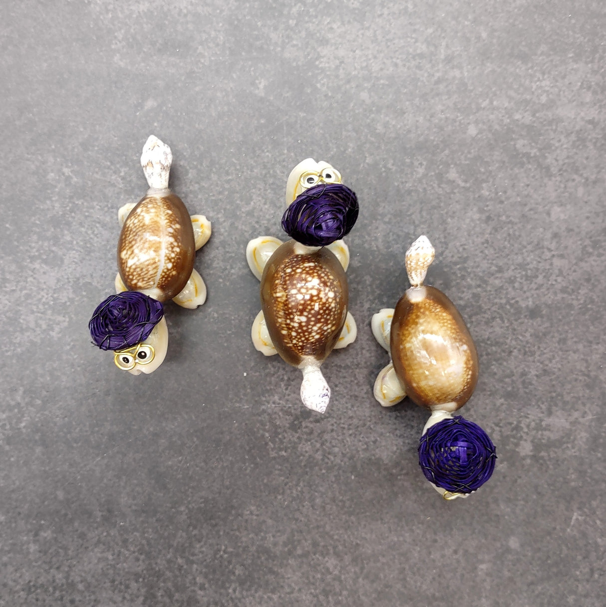Cowrie Shell Sea Turtle Figurines Purple Hat (3 figures approx. 2+ inches) Cute Cowrie Seashell Sea Turtles for gifts decor & display!