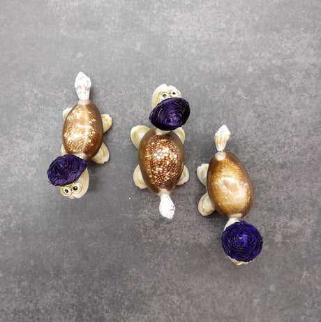 Cowrie Shell Sea Turtle Figurines Purple Hat (3 figures approx. 2+ inches) Cute Cowrie Seashell Sea Turtles for gifts decor & display!