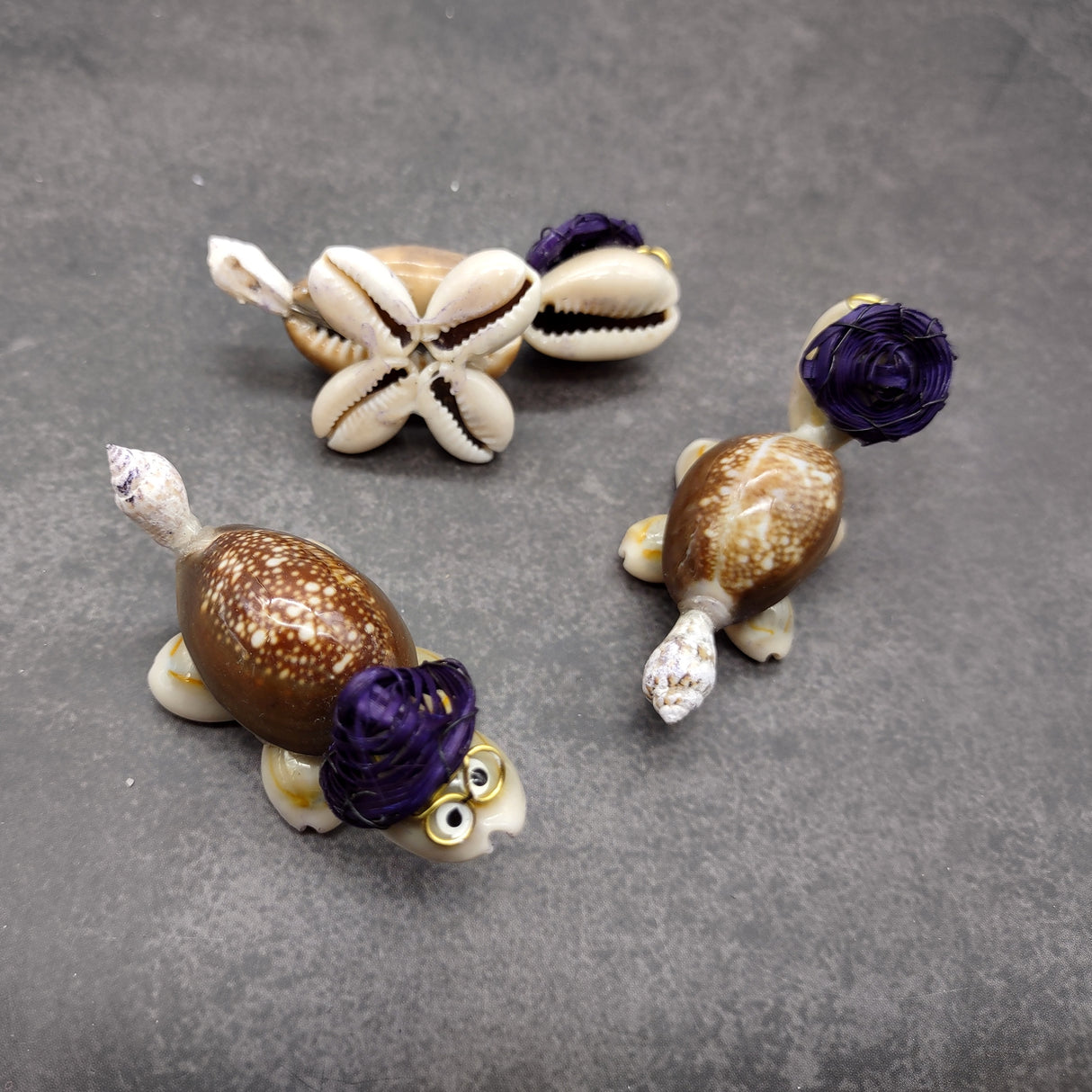 Cowrie Shell Sea Turtle Figurines Purple Hat (3 figures approx. 2+ inches) Cute Cowrie Seashell Sea Turtles for gifts decor & display!