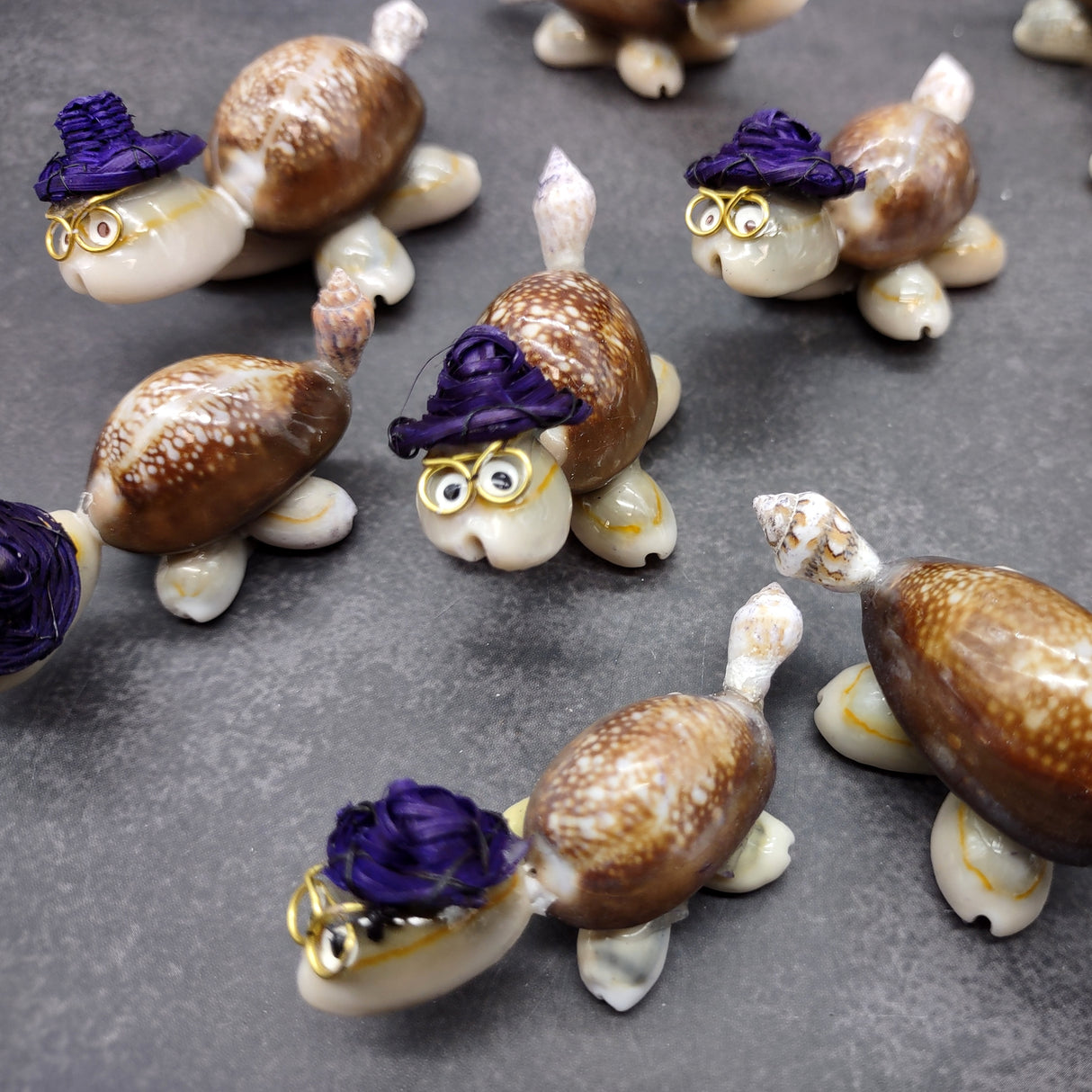 Cowrie Shell Sea Turtle Figurines Purple Hat (3 figures approx. 2+ inches) Cute Cowrie Seashell Sea Turtles for gifts decor & display!