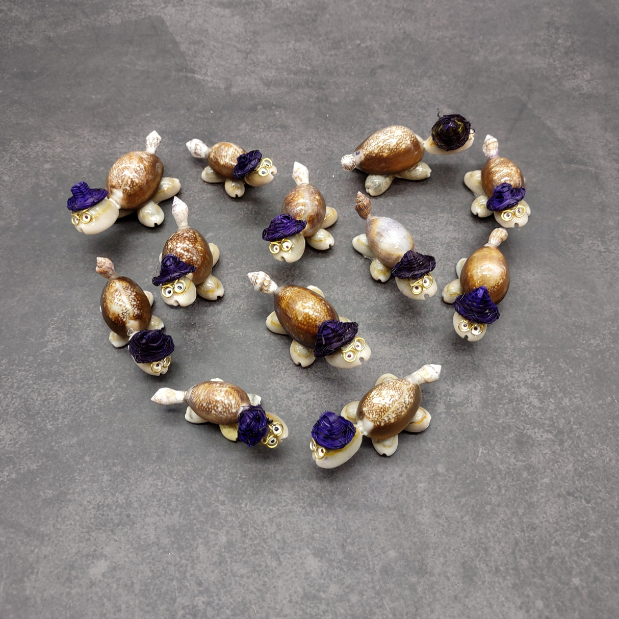 Cowrie Shell Sea Turtle Figurines Purple Hat (3 figures approx. 2+ inches) Cute Cowrie Seashell Sea Turtles for gifts decor & display!