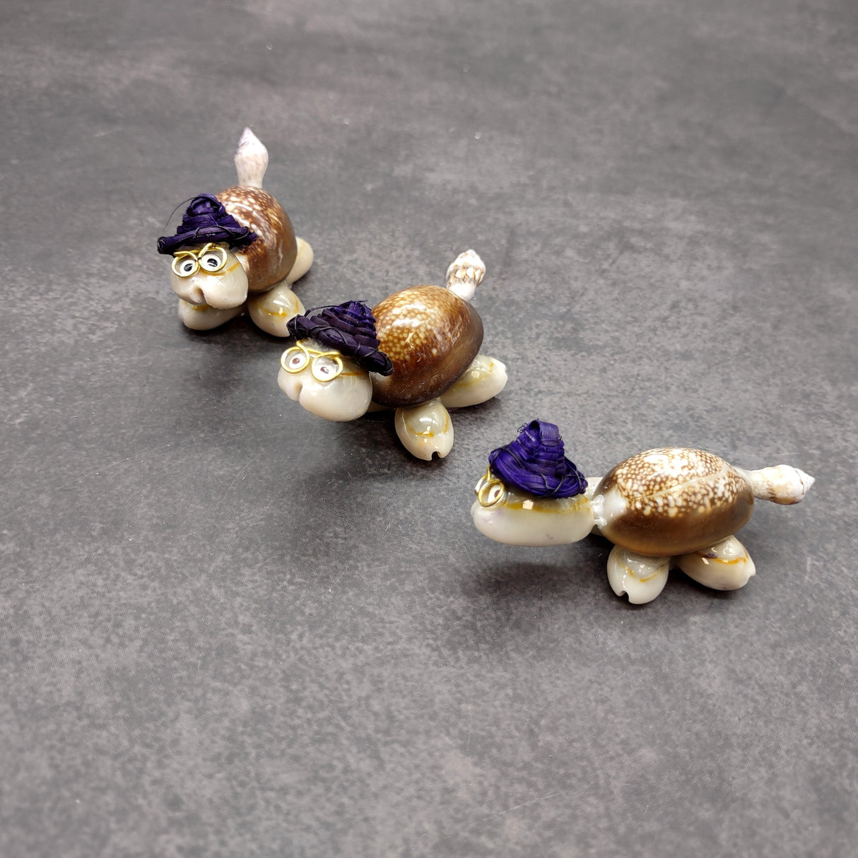 Cowrie Shell Sea Turtle Figurines Purple Hat (3 figures approx. 2+ inches) Cute Cowrie Seashell Sea Turtles for gifts decor & display!