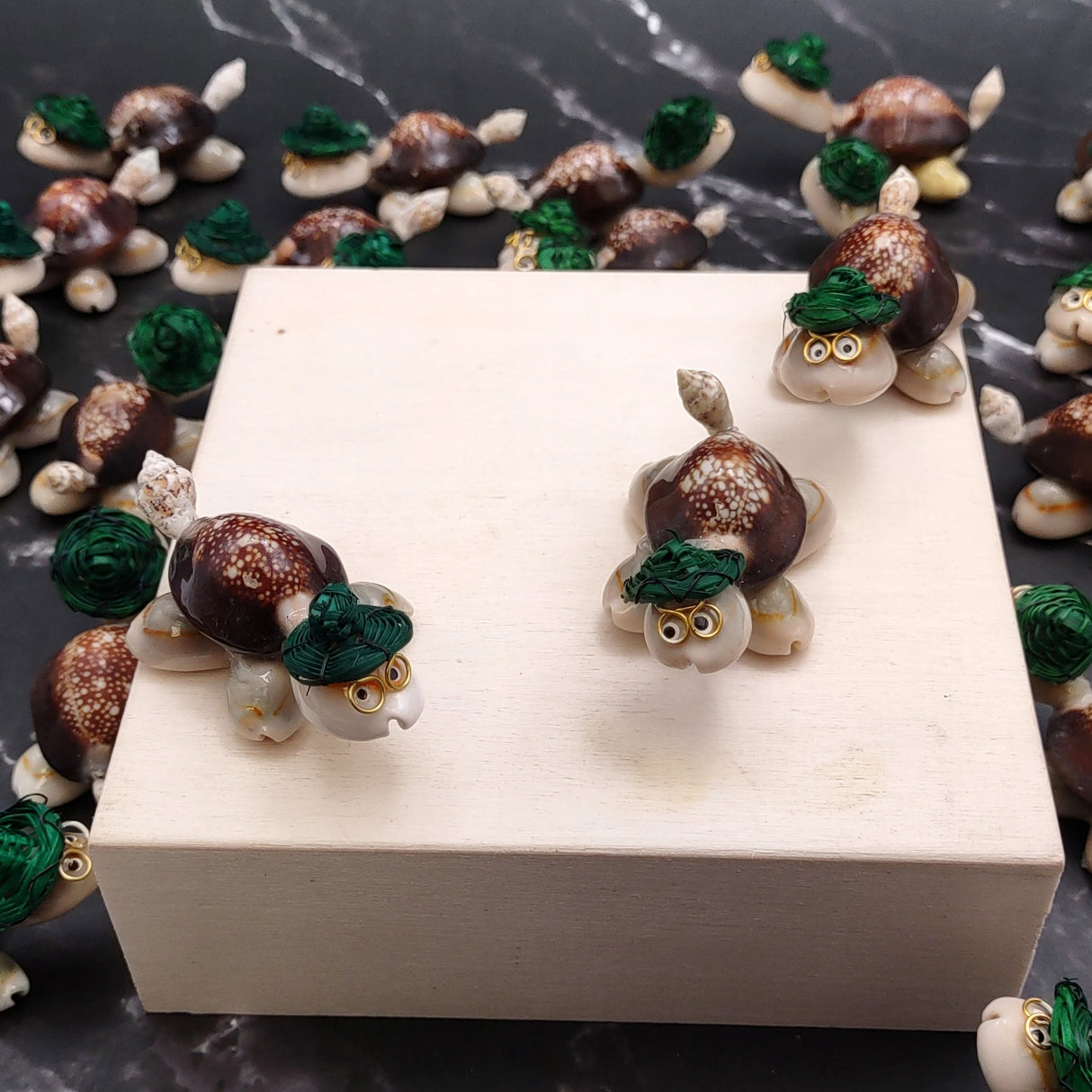 Cowrie Shell Sea Turtle Figurines Green Hat (3 figures approx. 2+ inches) Cute Cowrie Seashell Sea Turtles for gifts decor & display!