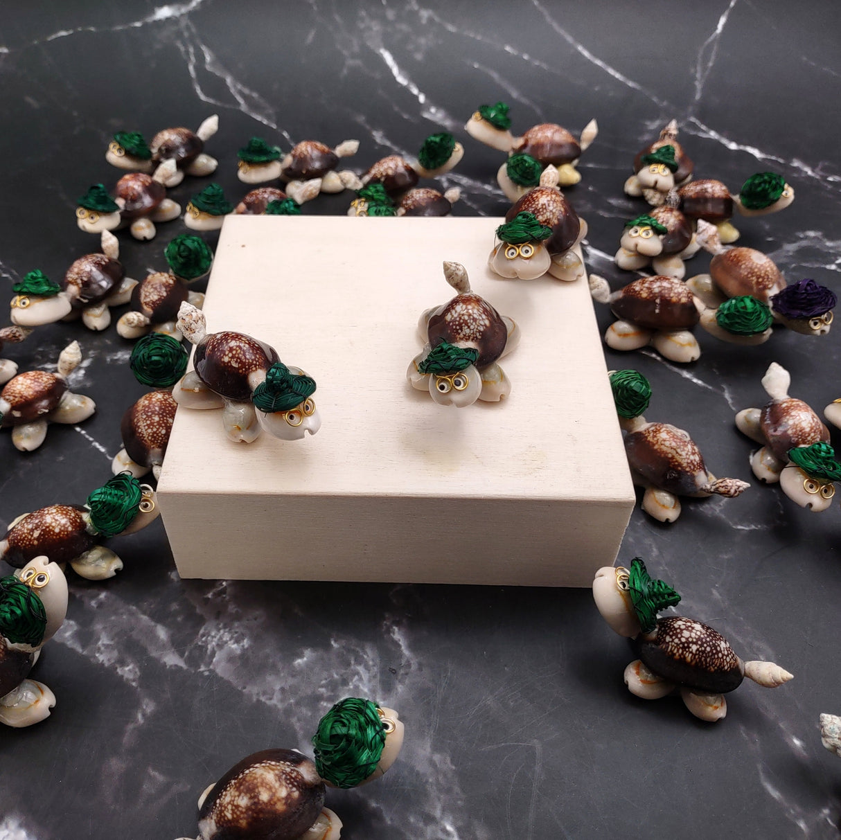 Cowrie Shell Sea Turtle Figurines Green Hat (3 figures approx. 2+ inches) Cute Cowrie Seashell Sea Turtles for gifts decor & display!