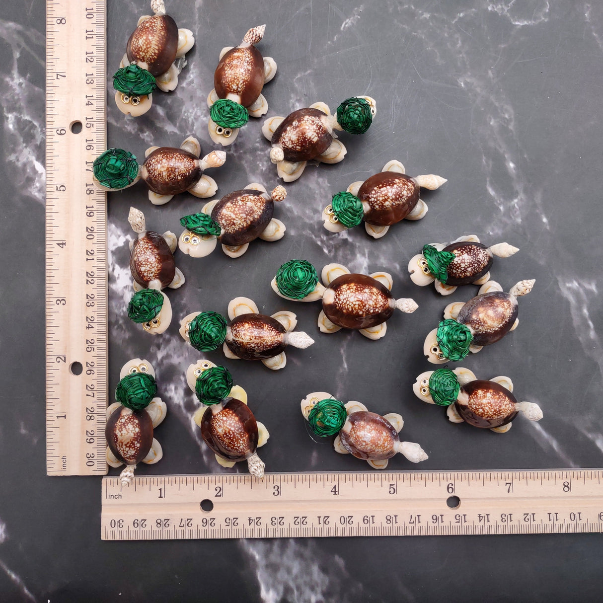 Cowrie Shell Sea Turtle Figurines Green Hat (3 figures approx. 2+ inches) Cute Cowrie Seashell Sea Turtles for gifts decor & display!