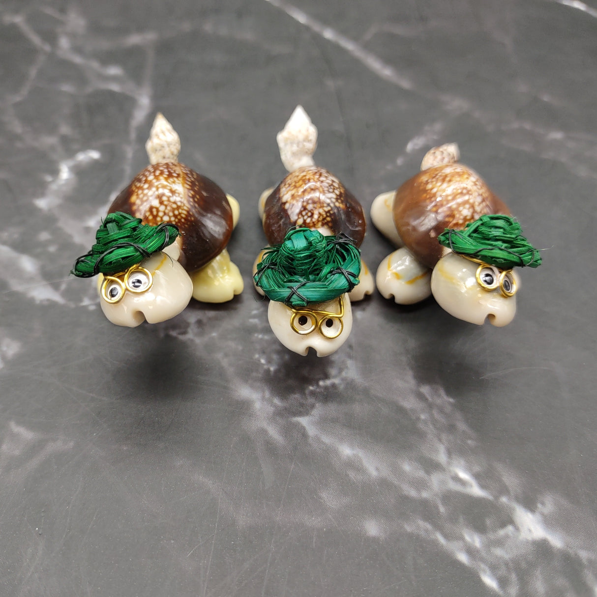 Cowrie Shell Sea Turtle Figurines Green Hat (3 figures approx. 2+ inches) Cute Cowrie Seashell Sea Turtles for gifts decor & display!