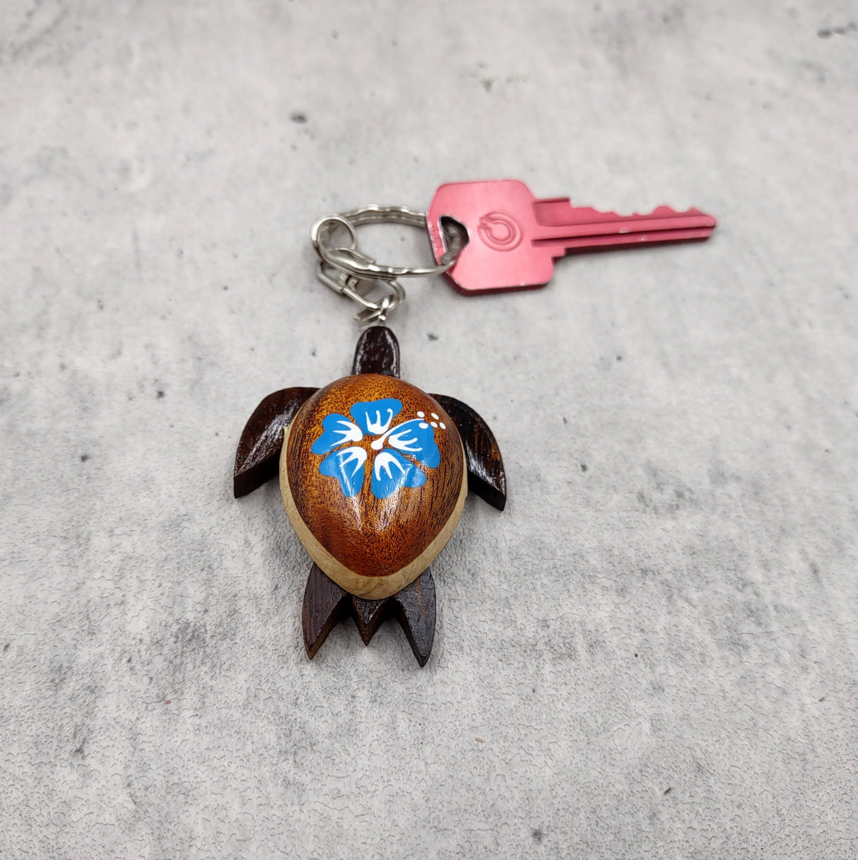Blue Hibiscus Painted Wooden Sea Turtle Keychain (1 keychain approx. 4.25+ inches) Wooden Sea Turtle Key Fob for gifting or party favors!