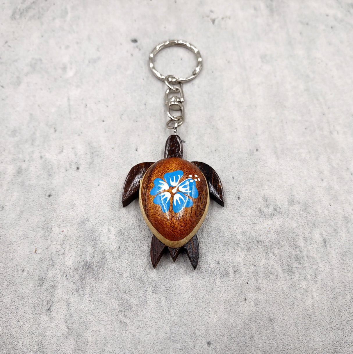 Blue Hibiscus Painted Wooden Sea Turtle Keychain (1 keychain approx. 4.25+ inches) Wooden Sea Turtle Key Fob for gifting or party favors!