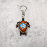 Blue Hibiscus Painted Wooden Sea Turtle Keychain (1 keychain approx. 4.25+ inches) Wooden Sea Turtle Key Fob for gifting or party favors!