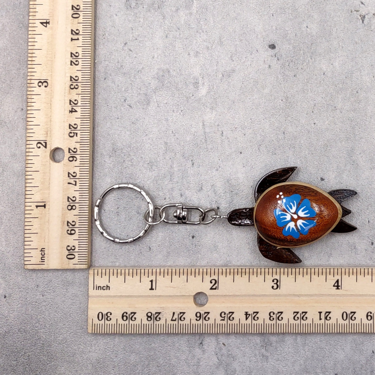 Blue Hibiscus Painted Wooden Sea Turtle Keychain (1 keychain approx. 4.25+ inches) Wooden Sea Turtle Key Fob for gifting or party favors!
