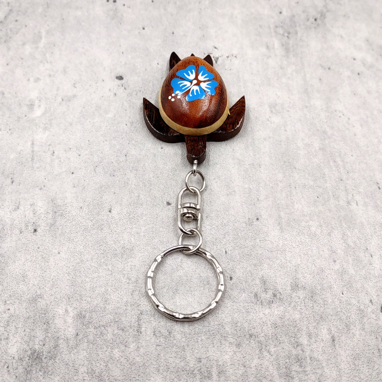 Blue Hibiscus Painted Wooden Sea Turtle Keychain (1 keychain approx. 4.25+ inches) Wooden Sea Turtle Key Fob for gifting or party favors!