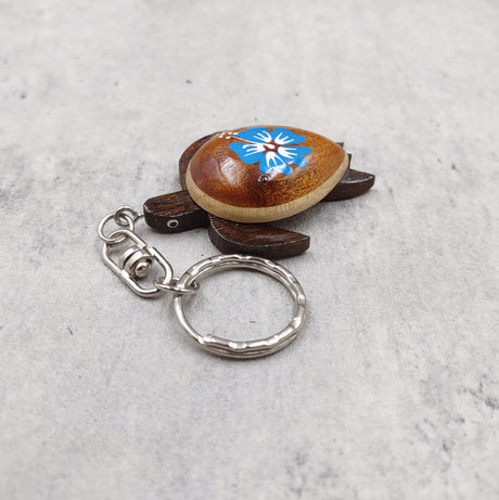 Blue Hibiscus Painted Wooden Sea Turtle Keychain (1 keychain approx. 4.25+ inches) Wooden Sea Turtle Key Fob for gifting or party favors!