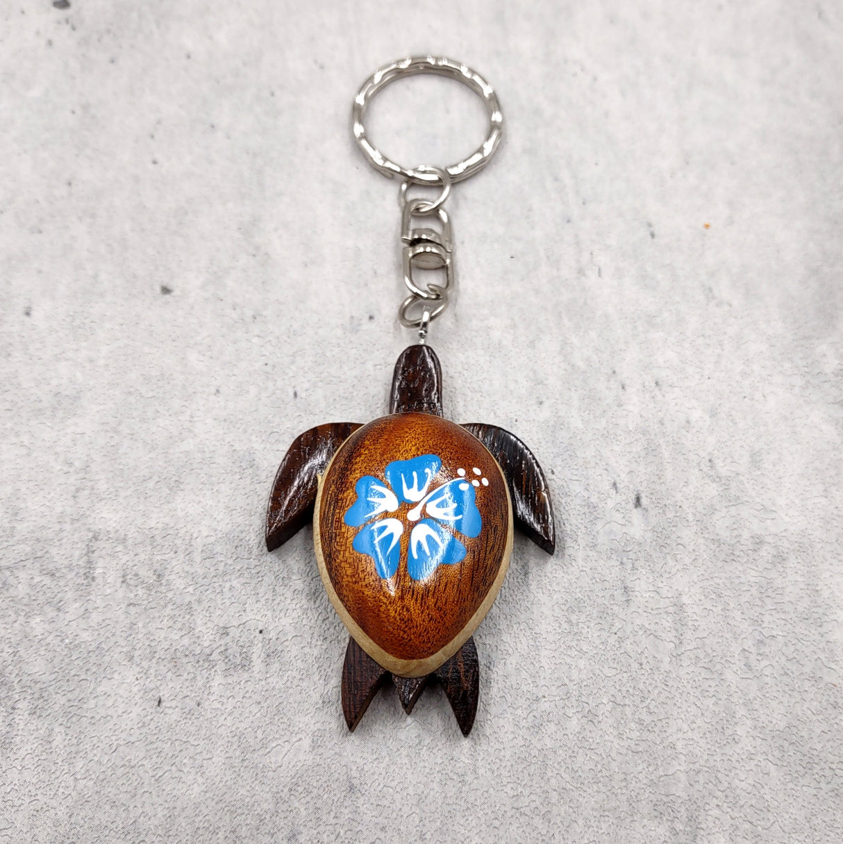Blue Hibiscus Painted Wooden Sea Turtle Keychain (1 keychain approx. 4.25+ inches) Wooden Sea Turtle Key Fob for gifting or party favors!