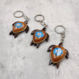 Blue Hibiscus Painted Wooden Sea Turtle Keychain (1 keychain approx. 4.25+ inches) Wooden Sea Turtle Key Fob for gifting or party favors!