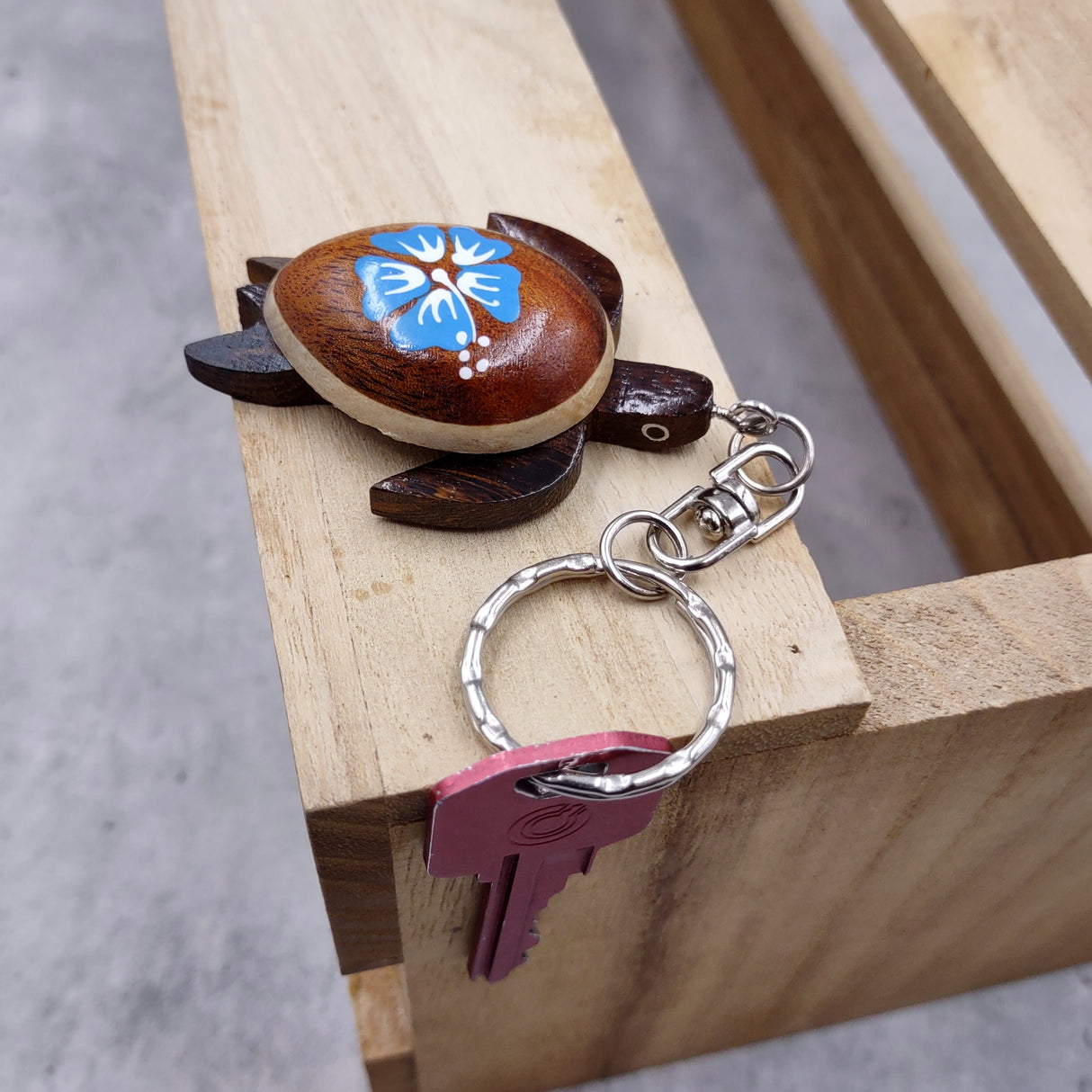 Blue Hibiscus Painted Wooden Sea Turtle Keychain (1 keychain approx. 4.25+ inches) Wooden Sea Turtle Key Fob for gifting or party favors!