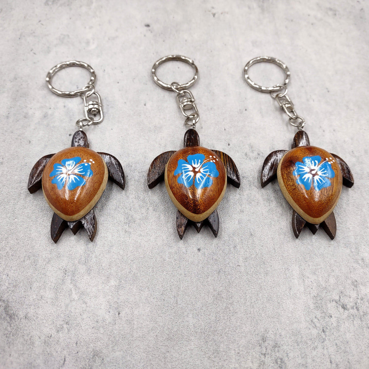 Blue Hibiscus Painted Wooden Sea Turtle Keychain (1 keychain approx. 4.25+ inches) Wooden Sea Turtle Key Fob for gifting or party favors!