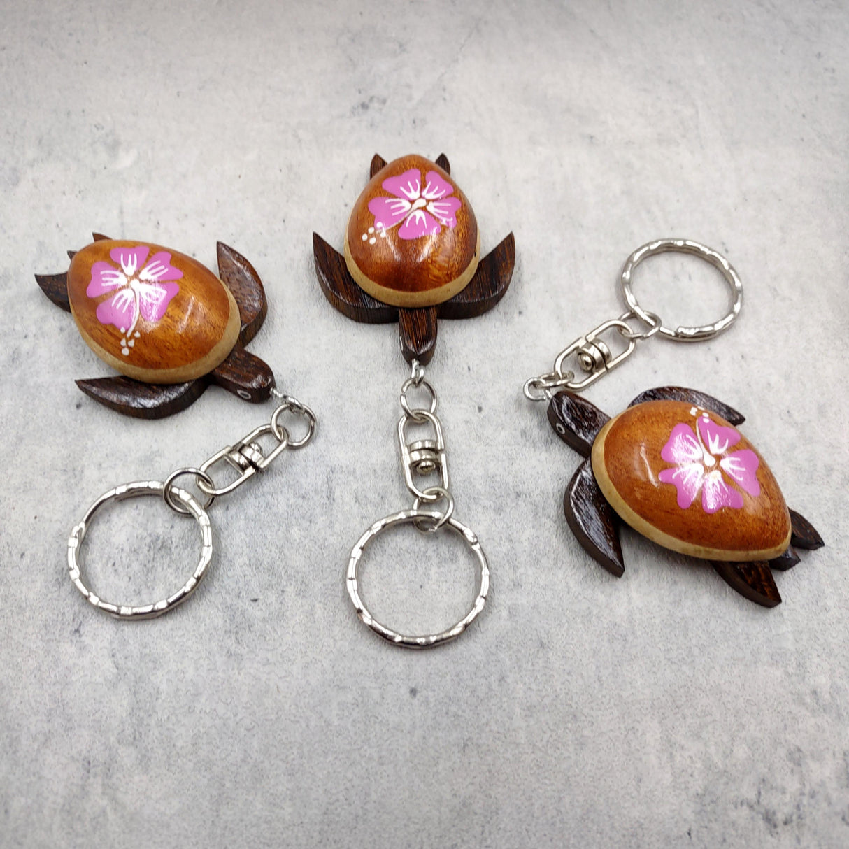 Pink Hibiscus Painted Wooden Sea Turtle Keychain (1 keychain approx. 4.25+ inches) Wooden Sea Turtle Key Fob for gifting or party favors!