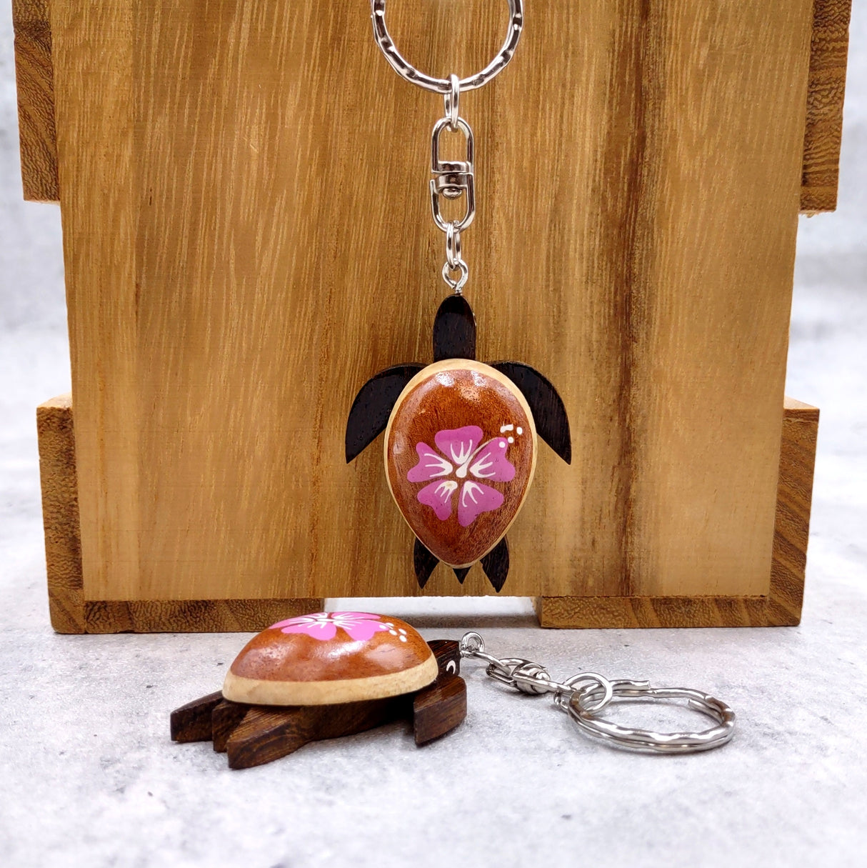 Pink Hibiscus Painted Wooden Sea Turtle Keychain (1 keychain approx. 4.25+ inches) Wooden Sea Turtle Key Fob for gifting or party favors!