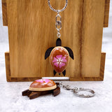 Pink Hibiscus Painted Wooden Sea Turtle Keychain (1 keychain approx. 4.25+ inches) Wooden Sea Turtle Key Fob for gifting or party favors!