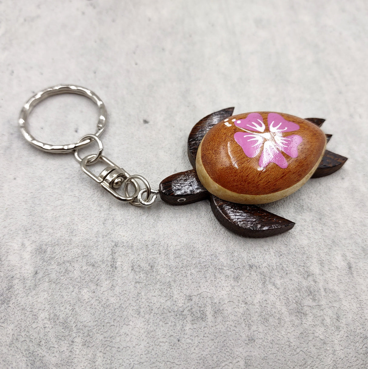 Pink Hibiscus Painted Wooden Sea Turtle Keychain (1 keychain approx. 4.25+ inches) Wooden Sea Turtle Key Fob for gifting or party favors!