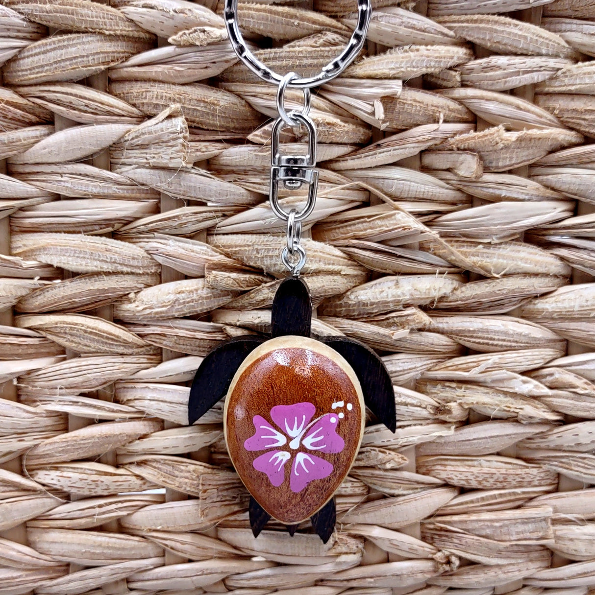 Pink Hibiscus Painted Wooden Sea Turtle Keychain (1 keychain approx. 4.25+ inches) Wooden Sea Turtle Key Fob for gifting or party favors!