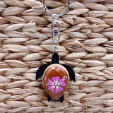 Pink Hibiscus Painted Wooden Sea Turtle Keychain (1 keychain approx. 4.25+ inches) Wooden Sea Turtle Key Fob for gifting or party favors!