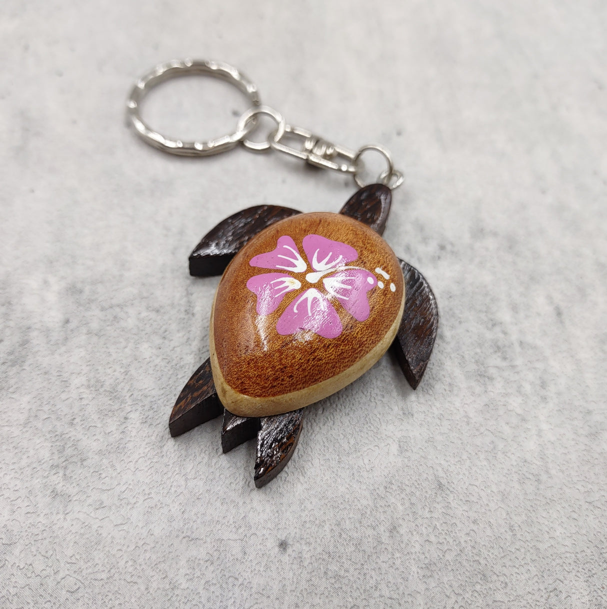 Pink Hibiscus Painted Wooden Sea Turtle Keychain (1 keychain approx. 4.25+ inches) Wooden Sea Turtle Key Fob for gifting or party favors!
