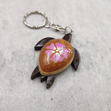 Pink Hibiscus Painted Wooden Sea Turtle Keychain (1 keychain approx. 4.25+ inches) Wooden Sea Turtle Key Fob for gifting or party favors!