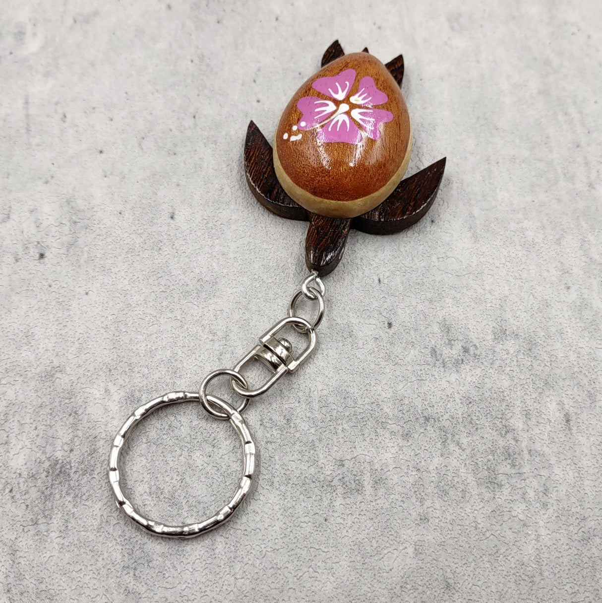 Pink Hibiscus Painted Wooden Sea Turtle Keychain (1 keychain approx. 4.25+ inches) Wooden Sea Turtle Key Fob for gifting or party favors!