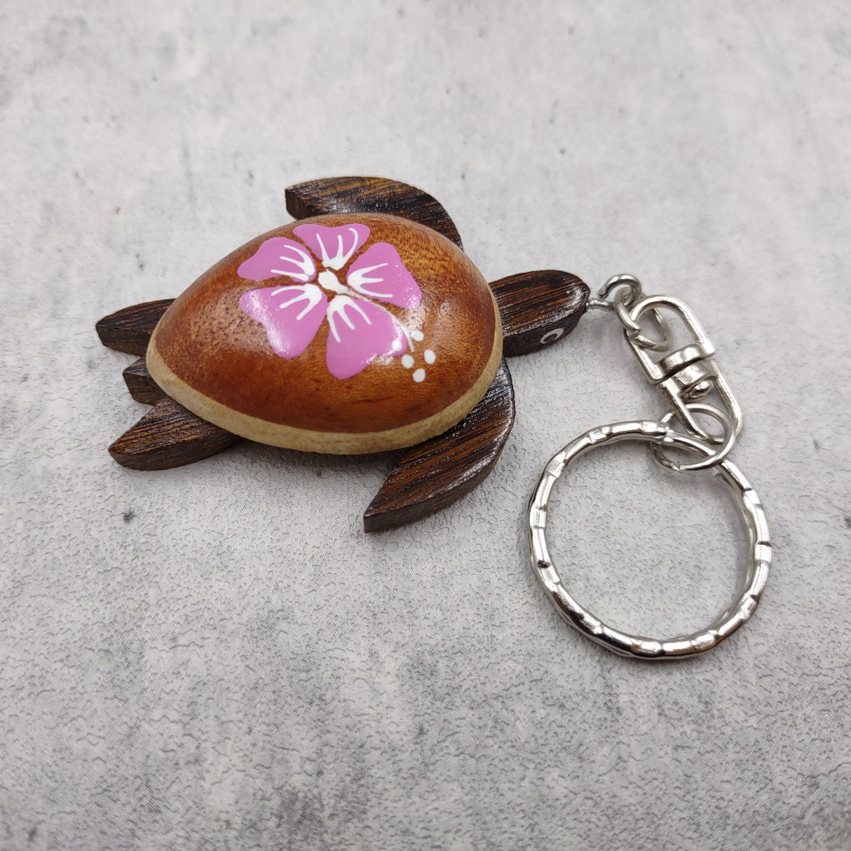 Pink Hibiscus Painted Wooden Sea Turtle Keychain (1 keychain approx. 4.25+ inches) Wooden Sea Turtle Key Fob for gifting or party favors!