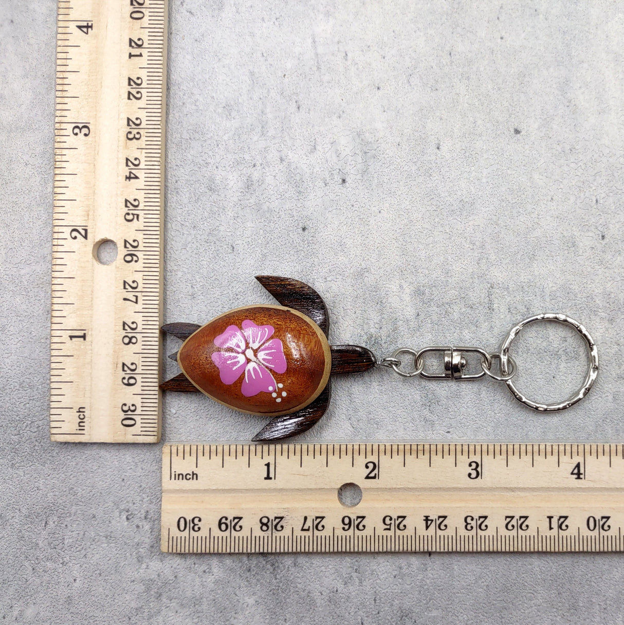 Pink Hibiscus Painted Wooden Sea Turtle Keychain (1 keychain approx. 4.25+ inches) Wooden Sea Turtle Key Fob for gifting or party favors!