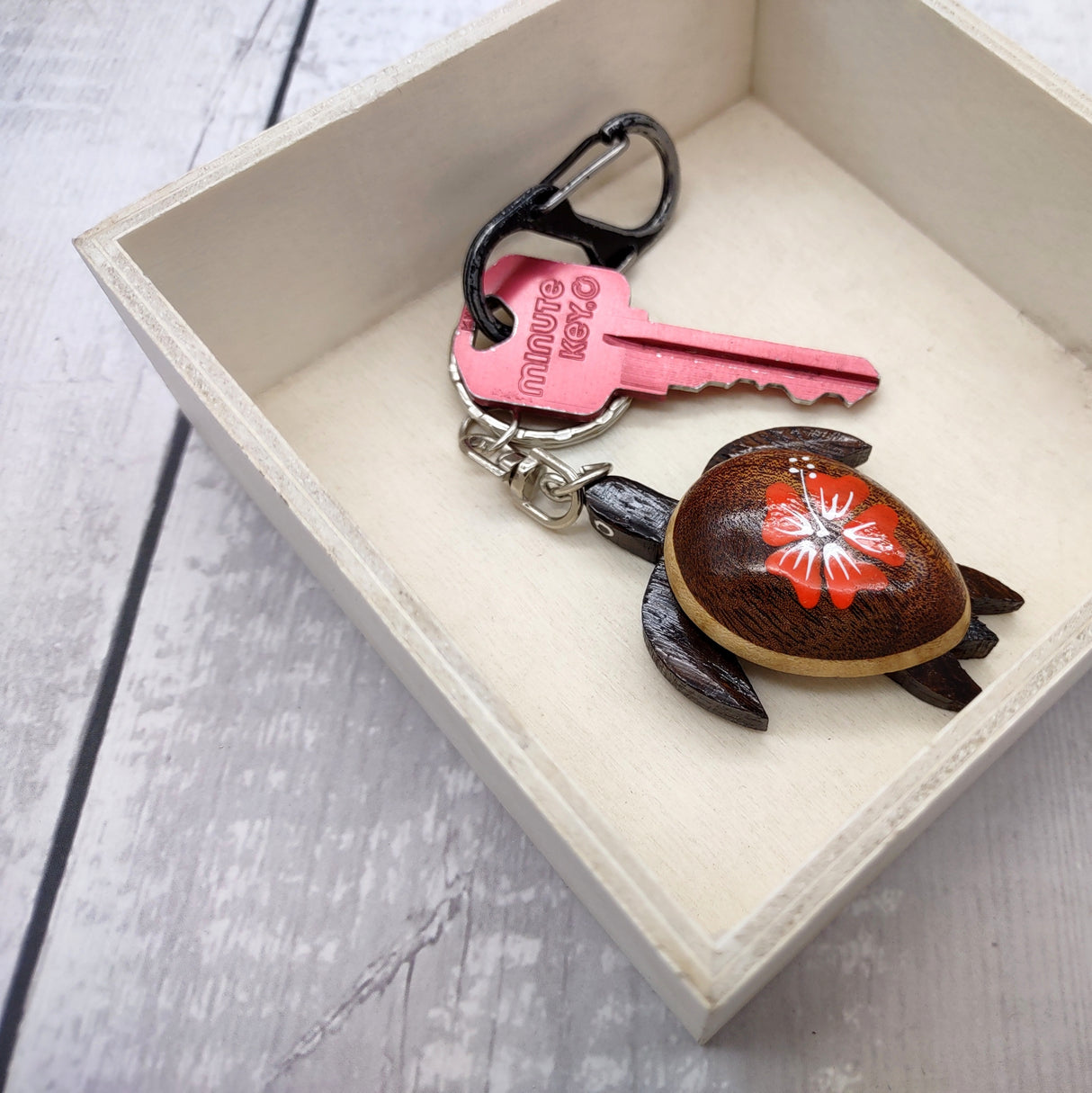 Orange Hibiscus Painted Wooden Sea Turtle Keychain (1 keychain approx. 4.25+ inches) Wooden Sea Turtle Key Fob for gifting or party favors!