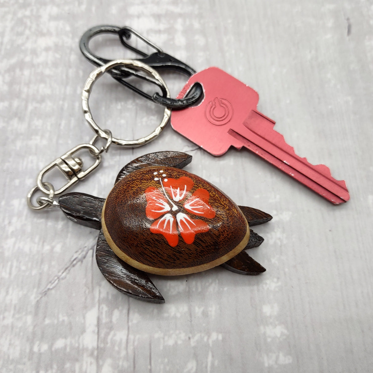 Orange Hibiscus Painted Wooden Sea Turtle Keychain (1 keychain approx. 4.25+ inches) Wooden Sea Turtle Key Fob for gifting or party favors!