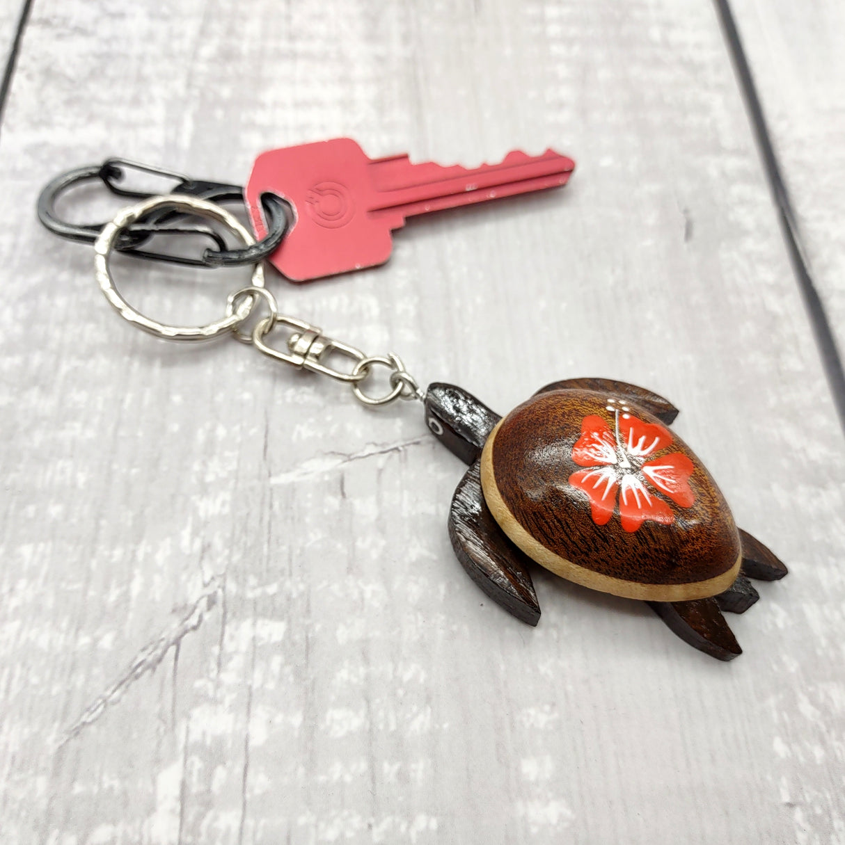Orange Hibiscus Painted Wooden Sea Turtle Keychain (1 keychain approx. 4.25+ inches) Wooden Sea Turtle Key Fob for gifting or party favors!