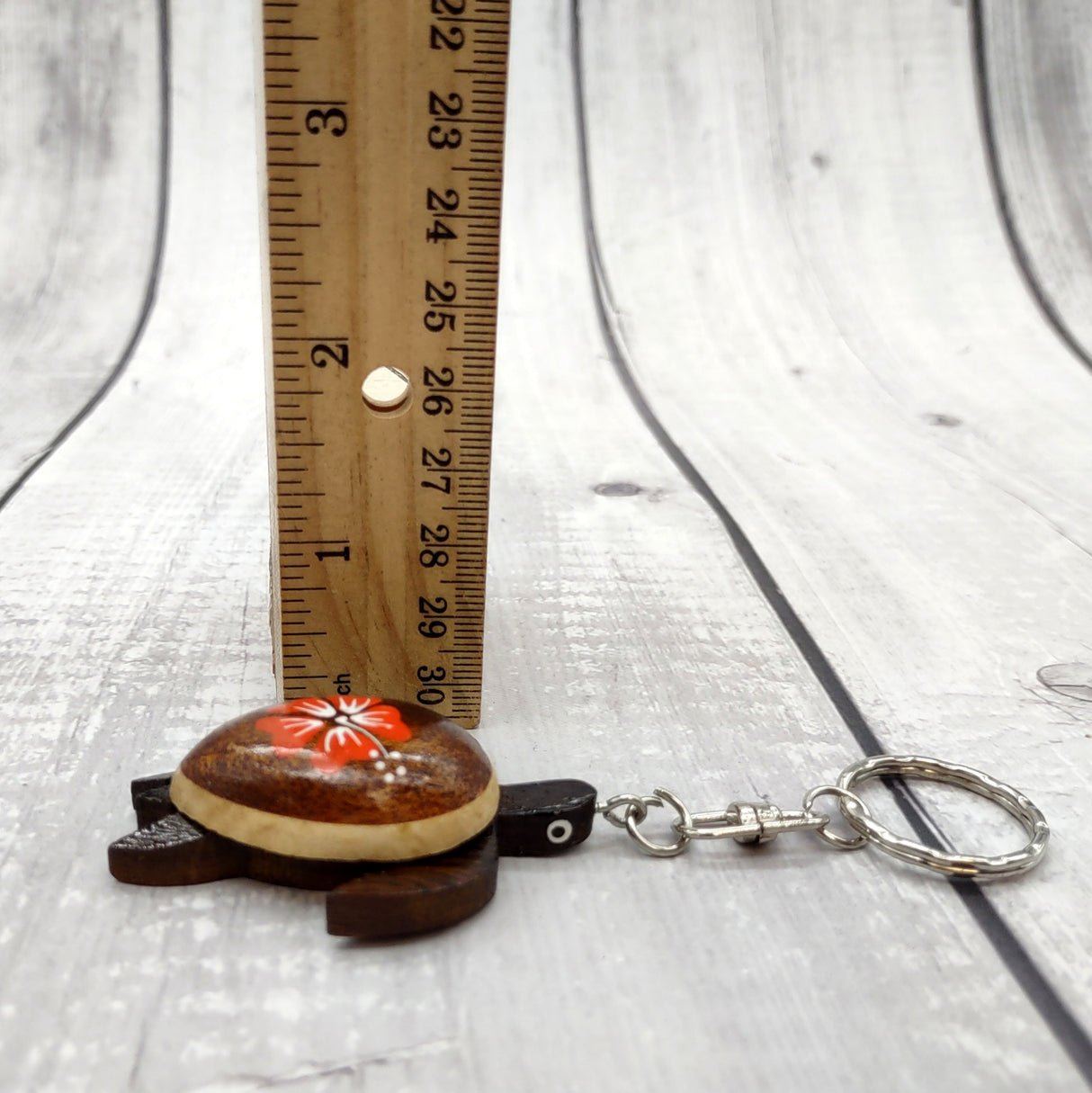 Orange Hibiscus Painted Wooden Sea Turtle Keychain (1 keychain approx. 4.25+ inches) Wooden Sea Turtle Key Fob for gifting or party favors!