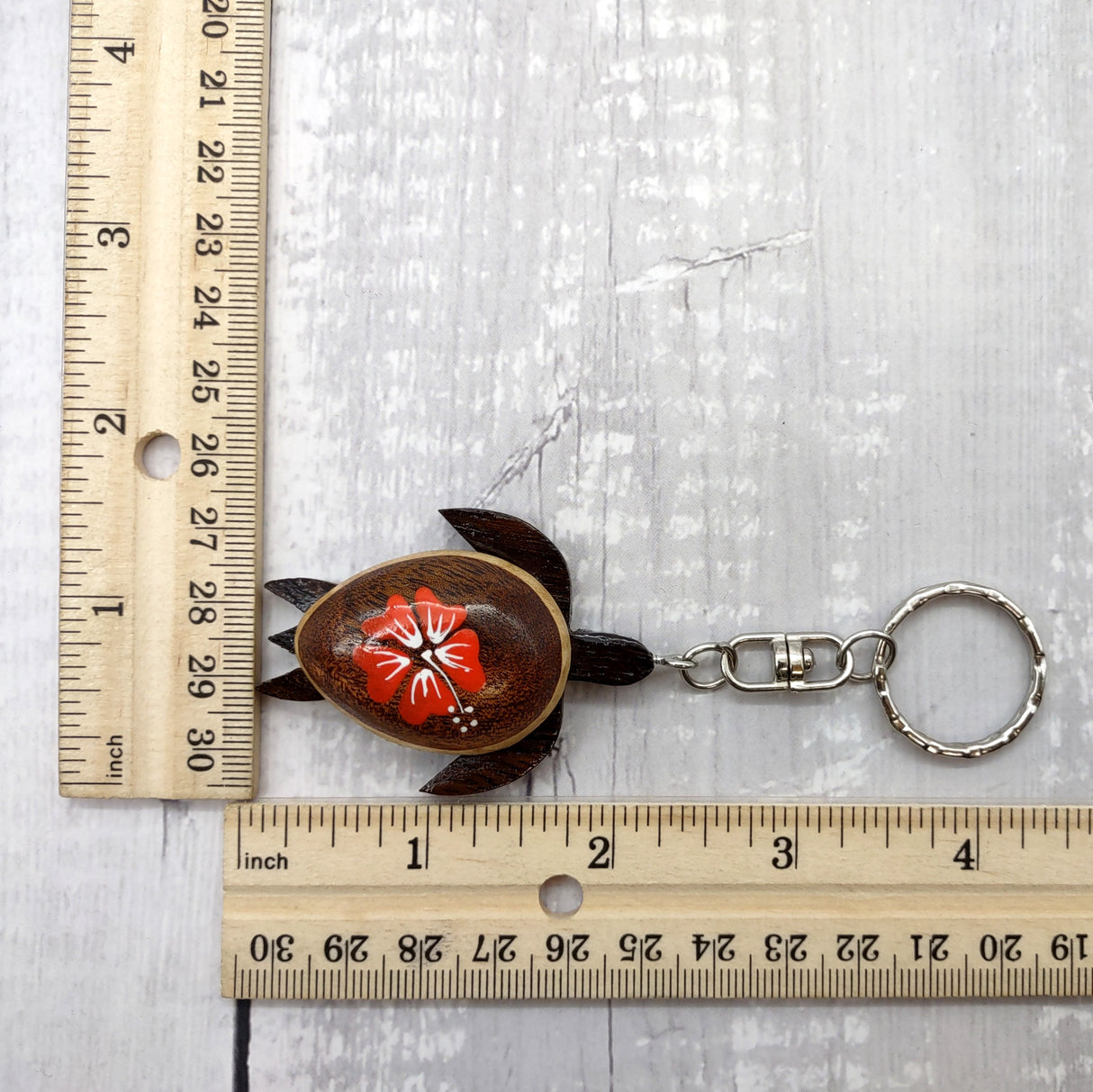 Orange Hibiscus Painted Wooden Sea Turtle Keychain (1 keychain approx. 4.25+ inches) Wooden Sea Turtle Key Fob for gifting or party favors!