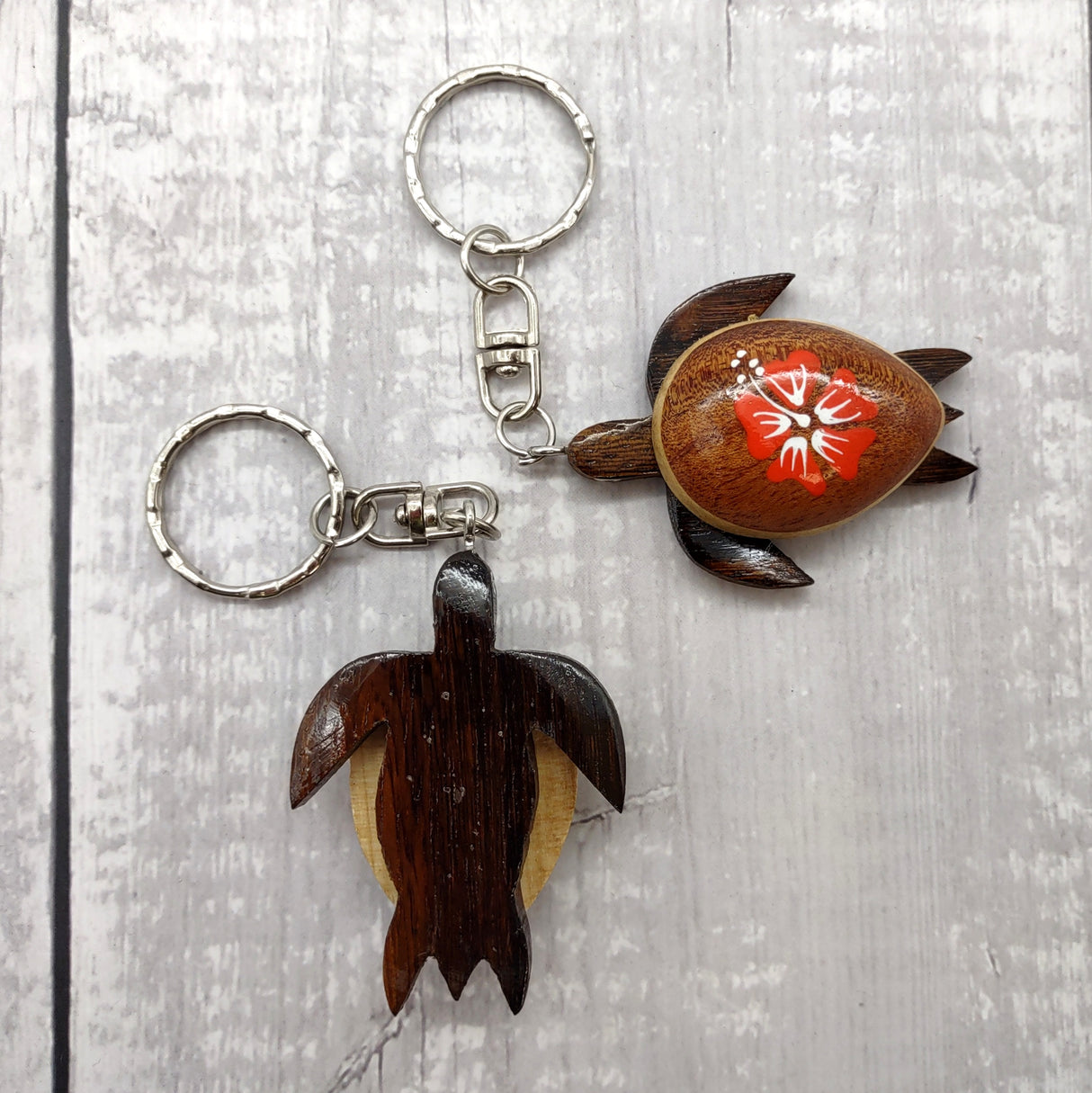 Orange Hibiscus Painted Wooden Sea Turtle Keychain (1 keychain approx. 4.25+ inches) Wooden Sea Turtle Key Fob for gifting or party favors!