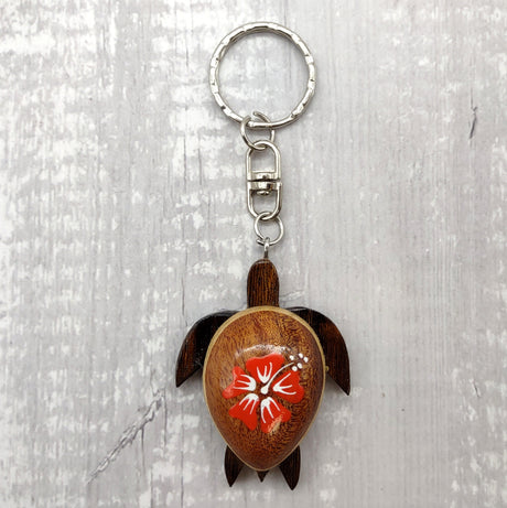 Orange Hibiscus Painted Wooden Sea Turtle Keychain (1 keychain approx. 4.25+ inches) Wooden Sea Turtle Key Fob for gifting or party favors!