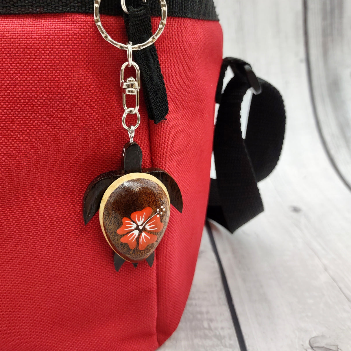 Orange Hibiscus Painted Wooden Sea Turtle Keychain (1 keychain approx. 4.25+ inches) Wooden Sea Turtle Key Fob for gifting or party favors!