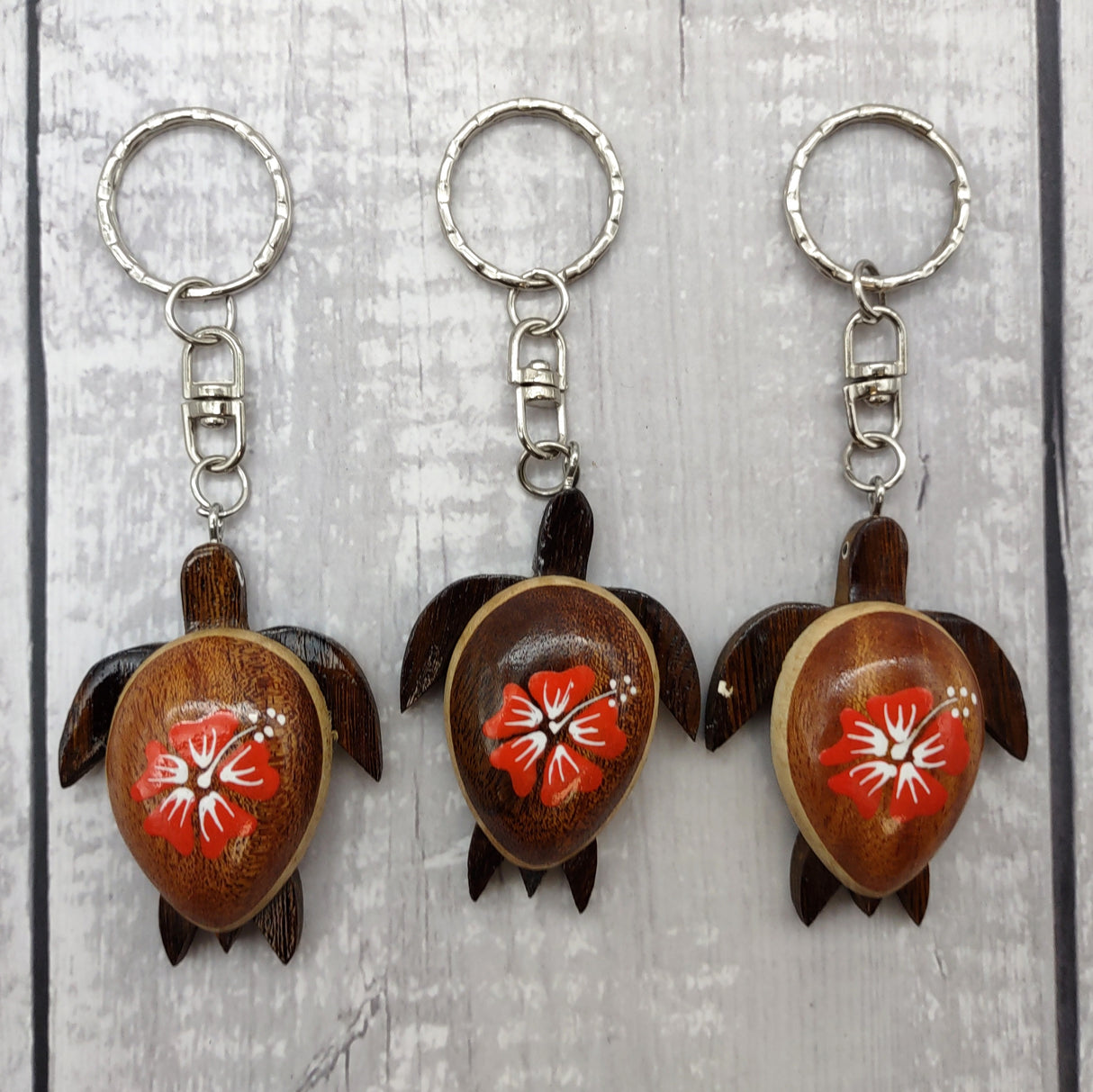 Orange Hibiscus Painted Wooden Sea Turtle Keychain (1 keychain approx. 4.25+ inches) Wooden Sea Turtle Key Fob for gifting or party favors!