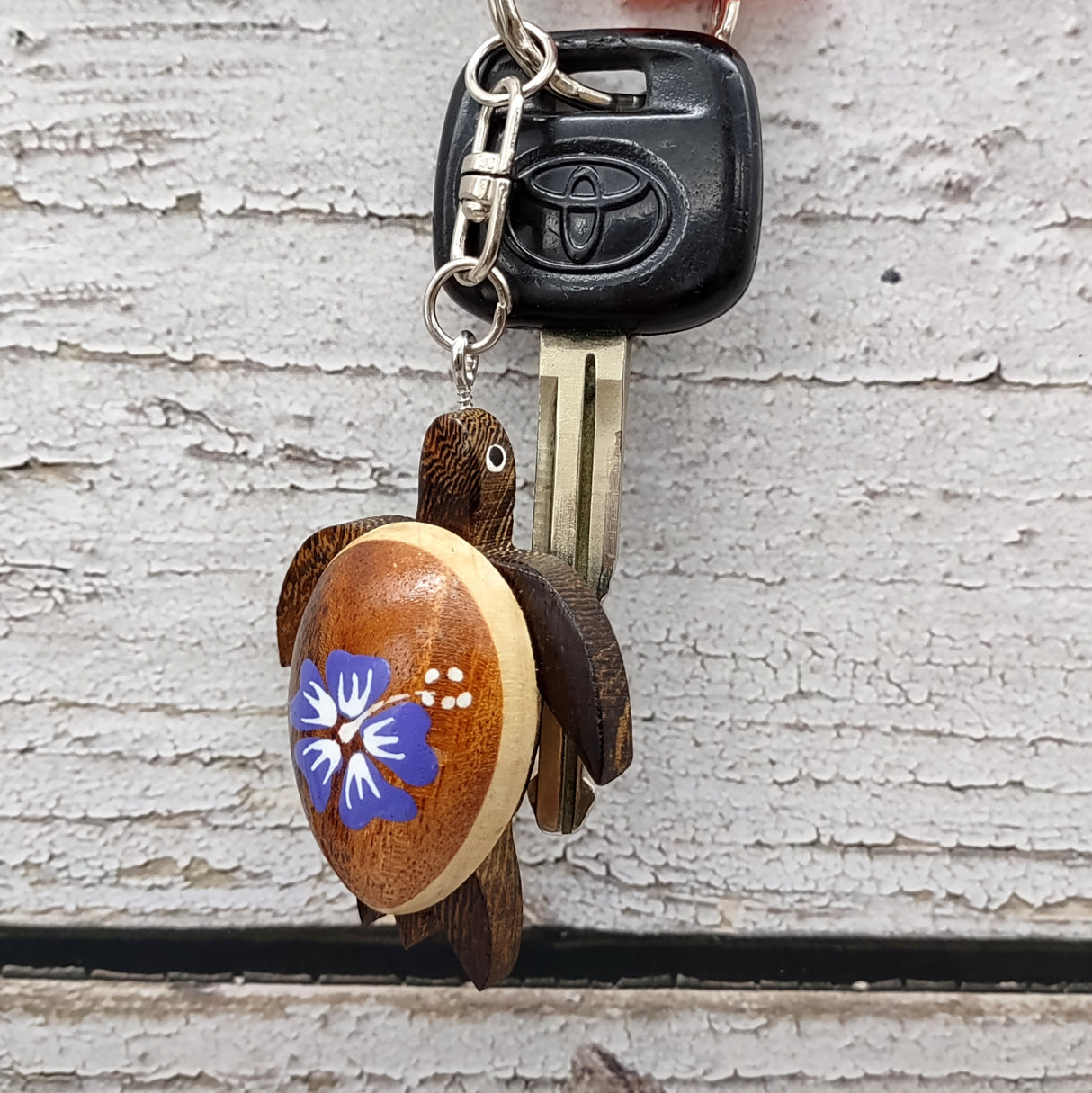 Purple Hibiscus Painted Wooden Sea Turtle Keychain (1 keychain approx. 4.25+ inches) Wooden Sea Turtle Key Fob for gifting or party favors!