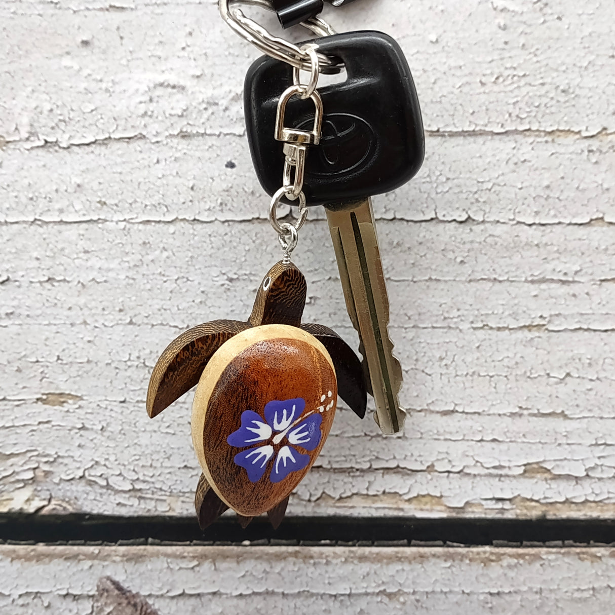 Purple Hibiscus Painted Wooden Sea Turtle Keychain (1 keychain approx. 4.25+ inches) Wooden Sea Turtle Key Fob for gifting or party favors!