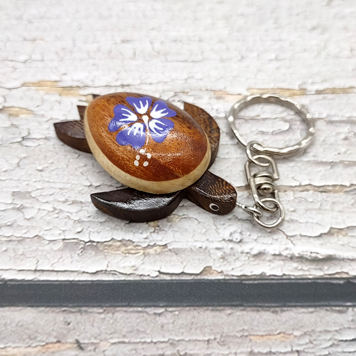 Purple Hibiscus Painted Wooden Sea Turtle Keychain (1 keychain approx. 4.25+ inches) Wooden Sea Turtle Key Fob for gifting or party favors!