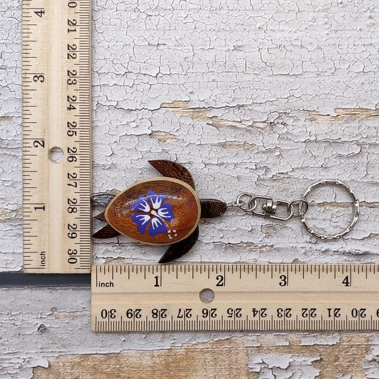 Purple Hibiscus Painted Wooden Sea Turtle Keychain (1 keychain approx. 4.25+ inches) Wooden Sea Turtle Key Fob for gifting or party favors!