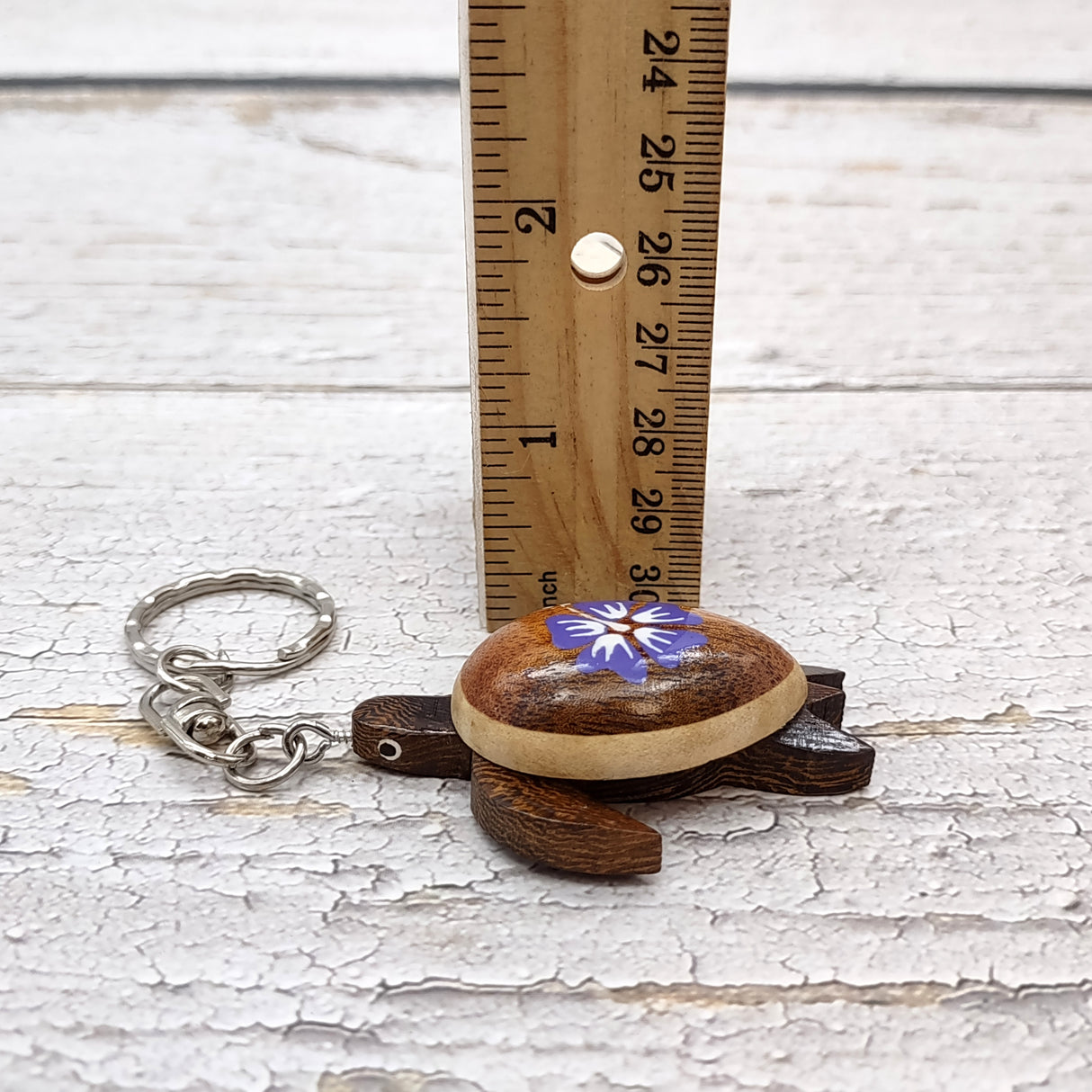 Purple Hibiscus Painted Wooden Sea Turtle Keychain (1 keychain approx. 4.25+ inches) Wooden Sea Turtle Key Fob for gifting or party favors!