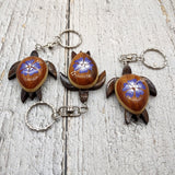 Purple Hibiscus Painted Wooden Sea Turtle Keychain (1 keychain approx. 4.25+ inches) Wooden Sea Turtle Key Fob for gifting or party favors!