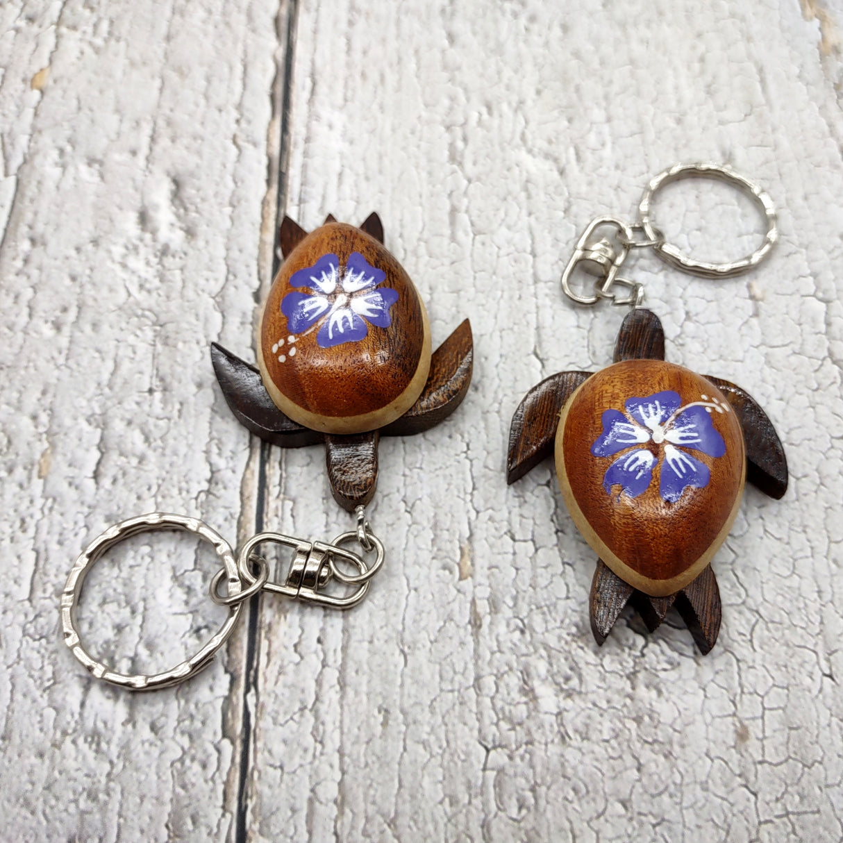 Purple Hibiscus Painted Wooden Sea Turtle Keychain (1 keychain approx. 4.25+ inches) Wooden Sea Turtle Key Fob for gifting or party favors!
