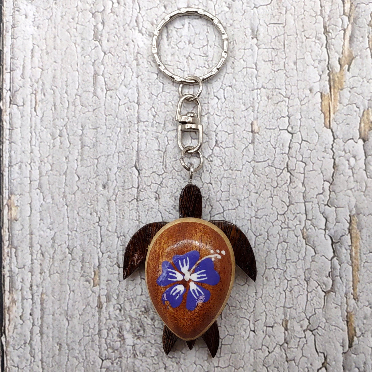 Purple Hibiscus Painted Wooden Sea Turtle Keychain (1 keychain approx. 4.25+ inches) Wooden Sea Turtle Key Fob for gifting or party favors!