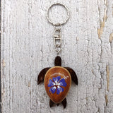 Purple Hibiscus Painted Wooden Sea Turtle Keychain (1 keychain approx. 4.25+ inches) Wooden Sea Turtle Key Fob for gifting or party favors!