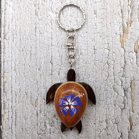 Purple Hibiscus Painted Wooden Sea Turtle Keychain (1 keychain approx. 4.25+ inches) Wooden Sea Turtle Key Fob for gifting or party favors!
